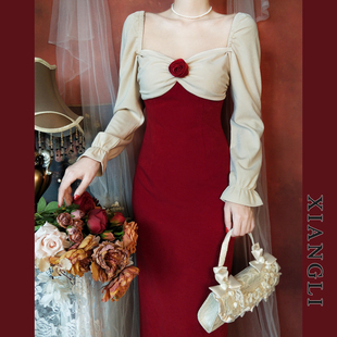 巷里法式复古红色连衣裙秋冬赫本宫廷玫瑰拼接气质订婚小礼服长裙