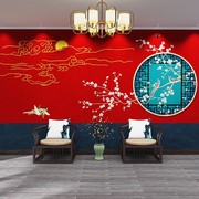 中国风红色喜鹊梅花酒店饭店民宿剧本杀背景墙纸墙布餐厅壁纸壁画