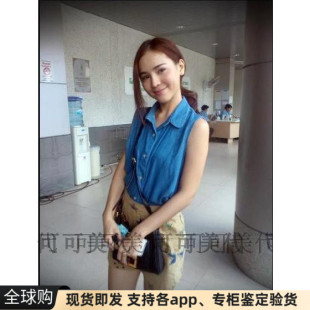 现货美国American Apparel AA休闲复古短款无袖牛仔衬衫娃娃领