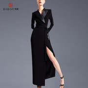 时尚西装领长袖连衣裙，修身显瘦2024年春季气质，小黑裙中长裙子