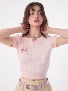 ziziFei夏季美式复古紧身设计感碎钻石针织上衣正肩修身短袖T恤女