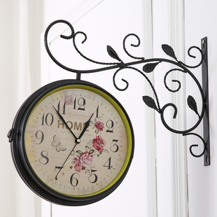 创意铁艺双面挂钟，客厅静音田园石英钟，简约装饰时钟两面钟表