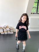 儿童网红时髦黑色洋气套装女童韩版字母黑色短袖，t恤+半身纱裙夏