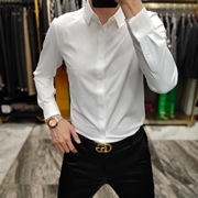 男高级感纯色净版弹力，舒适轻奢潮流，翻领长袖衬衫黑色白色都市商务