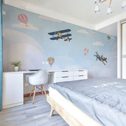 卡通飞机热气球墙纸男孩房间，儿童房墙布壁纸，环保女孩卧室背景壁画