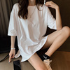 棉质圆领短袖t恤女夏韩版宽松中长款半袖开叉，白色不透上衣ins网红