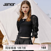 jamor短款上衣女夏季方(夏季方)领针织套头衫，女装泡泡袖甜美上衣