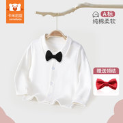 男童白色衬衫春秋装宝宝纯棉领结衬衣婴儿长袖上衣服英伦风打底衫