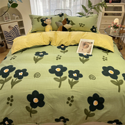 植物羊绒绿色向日葵四件套床单被套加厚磨毛三件套床上用品1.8m
