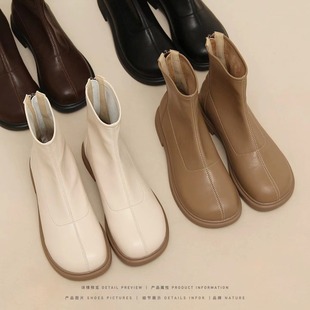自然卷弹力裸靴2024年韩版瘦瘦靴单靴，马丁靴春秋平底短靴子女