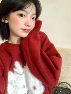 新年红！本命年红色套头毛衣女冬季韩版宽松打底针织衫上衣潮
