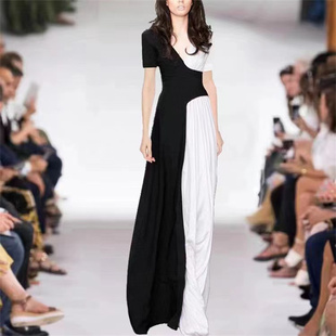 2023夏装欧洲站走秀黑白撞色拼接连衣裙显瘦气质长裙高端优雅
