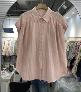 MAY MKON米可24夏装新小翻领单排扣韩版休闲粉色短袖衬衫宽松上衣