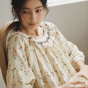 纯棉娃娃领设计双层纱布裙子2024夏季廓版中长款短袖刺绣睡裙