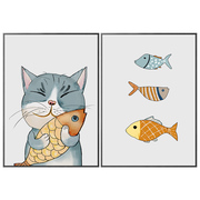 猫咪和鱼北欧清新餐厅装饰画现代简约创意趣味，厨房饭厅墙面挂画