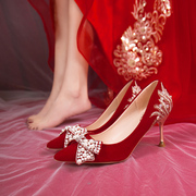 红色高跟结婚鞋女中式秀禾服婚纱两穿新娘鞋2024年孕妇鞋婚鞋