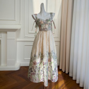 仙女裙法式提花连衣裙气质蝴蝶结，珍珠腰带收腰吊带长裙68350单件