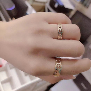 韩国14k金戒指情侣对戒女士，男女素圈g镂空网格，简约设计结婚送礼