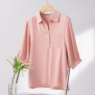 法式甜美polo领雪纺衬衫，女2024夏季五分袖，半开襟粉色套头上衣