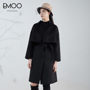 EMOO杨门毛呢大衣女黑色中长款双面呢外套呢子单排扣羊毛大衣冬装