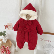 婴儿衣服冬季宝宝冬装连体衣，外出保暖加绒外套，喜庆红色圣诞节爬服