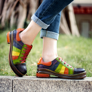波西米亚靴子直供跨镜款手工擦色彩色拼接春款真皮女鞋