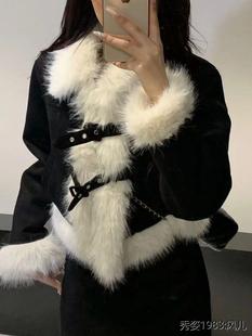 雪域公主韩系小香风设计感千金风毛领黑色，外套半身长裙两件套装