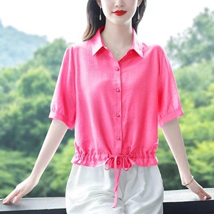 亚麻上衣女高端棉麻短袖衬衫夏季小个子卡腰短款气质苎麻小衫