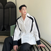 秋季韩国小众黑白撞色拼接衬衫男长袖设计感ins廓形衬衣发型师潮
