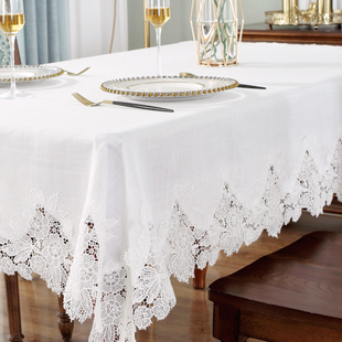 唯米9917简约百搭白色，麻棉餐桌布台布美式家用长方形，蕾丝茶几盖巾