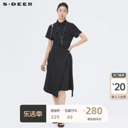 sdeer圣迪奥女装翻领，拼接不规则衬衫黑色连衣裙s22281269