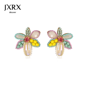 JXRX彩色水晶花朵耳环女小众设计感高级耳钉多巴胺洋气银针耳饰品
