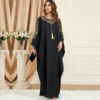 3426阿拉伯黑色绣花拼接吊坠，中东款时尚，蝙蝠袖女士连衣裙