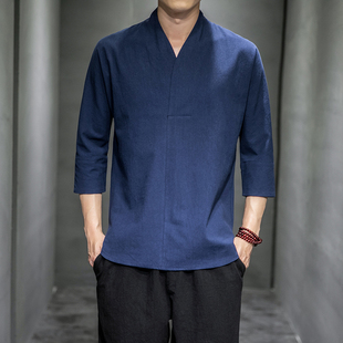 亚麻短袖t恤男v领棉麻七分袖体恤夏季中国风大码男装半袖复古衣服