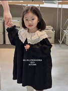 女童秋季长袖连衣裙，2023洋气纯棉黑色蕾丝，领口甜美长袖连衣裙