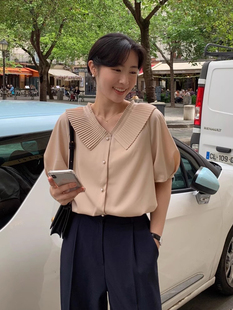 韩国chic夏季复古气质v领单排扣拼接风琴褶宽松短袖雪纺衬衫上衣