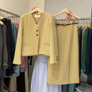 西装套装女2023春秋，韩版时尚气质小西服，外套开叉半身裙两件套
