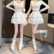 cheisly气质白色短裙高腰显瘦法式花边蓬蓬，蛋糕裙a字半身裙
