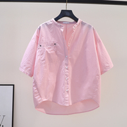 粉红色立领棉衬衫女单口袋宽松中袖衬衣2023夏季文艺范百搭上衣潮