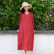 色织亚麻红色连衣裙春夏，优雅高端复古v领气质显瘦文艺出游长裙