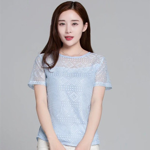 蕾丝镂空雪纺衫女2024夏季韩版短袖t恤上衣女修身白色打底衫