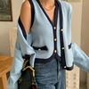 韩国chic秋季复古气质V领单排扣内搭背心+撞色包边长袖针织开衫女