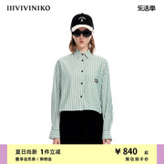 IIIVIVINIKO夏季色织条纹学院感截短式全棉衬衫女M320437162F