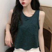 墨绿色无袖上衣女韩版夏装纯色短款口袋，背心外穿坎袖t恤ins潮
