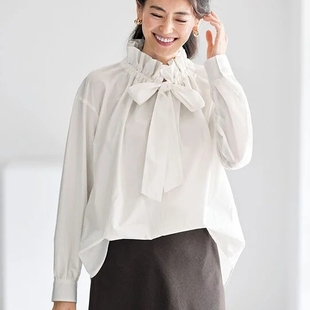 2023年秋季日本女士长袖棉褶边立领华丽蝴蝶结衬衫 有大码