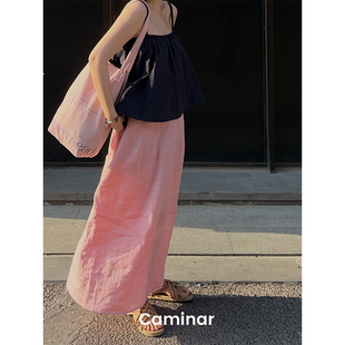 caminar23ss“草莓牛奶”粉色，100%亚麻花苞，裙夏季樱花粉半身裙