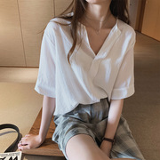 时尚气质白衬衫，女设计感上衣，韩范短袖衬衣