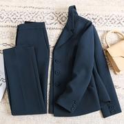 韩国深蓝色西装套装女秋冬加厚时尚，气质显瘦ol职业西服正装两件套