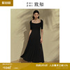 致知 醉蓬莱 方领连衣裙2023夏季女设计感法式五分袖黑色长裙