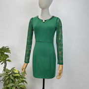 品牌折扣绿色修身连衣裙蕾丝长袖春夏秋款包臀紧身性感圆领包臀裙